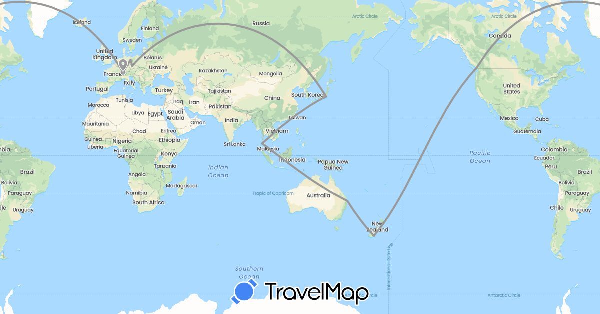 TravelMap itinerary: driving, plane in Australia, Canada, Switzerland, Czech Republic, Germany, Japan, New Zealand, Thailand (Asia, Europe, North America, Oceania)